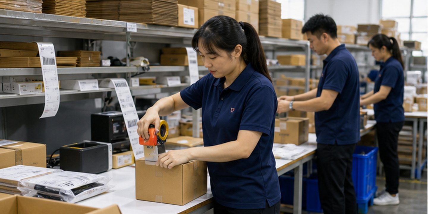 Chinese FulfillCN warehouse team packing ecommerce parcels at a modern fulfillment station