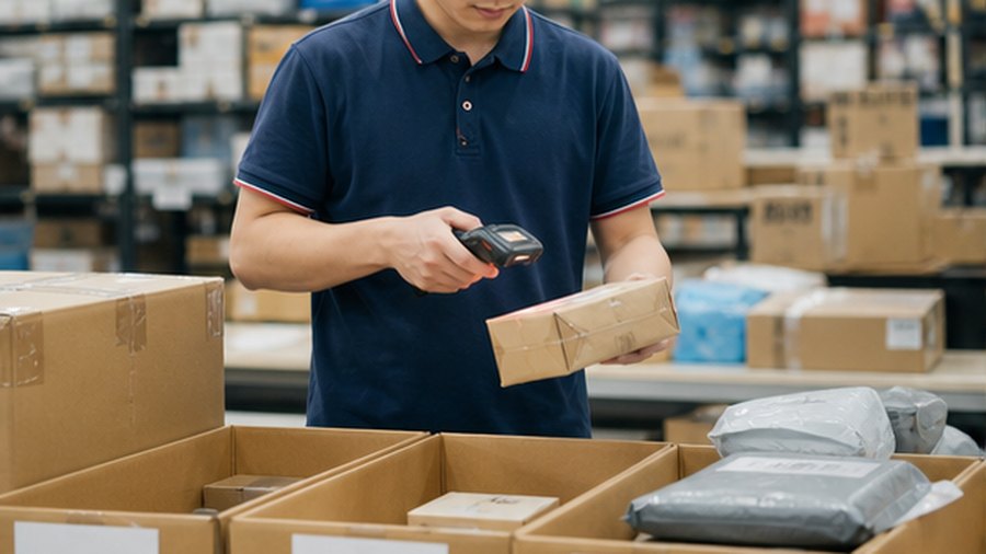 Chinese warehouse worker scanning parcels for DDP dispatch