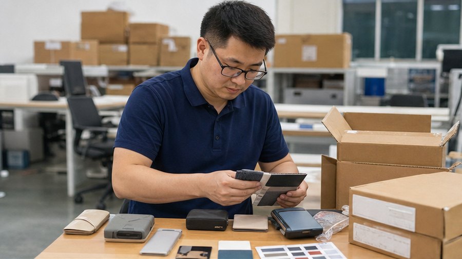 Chinese fulfillment specialist comparing supplier samples before consolidation