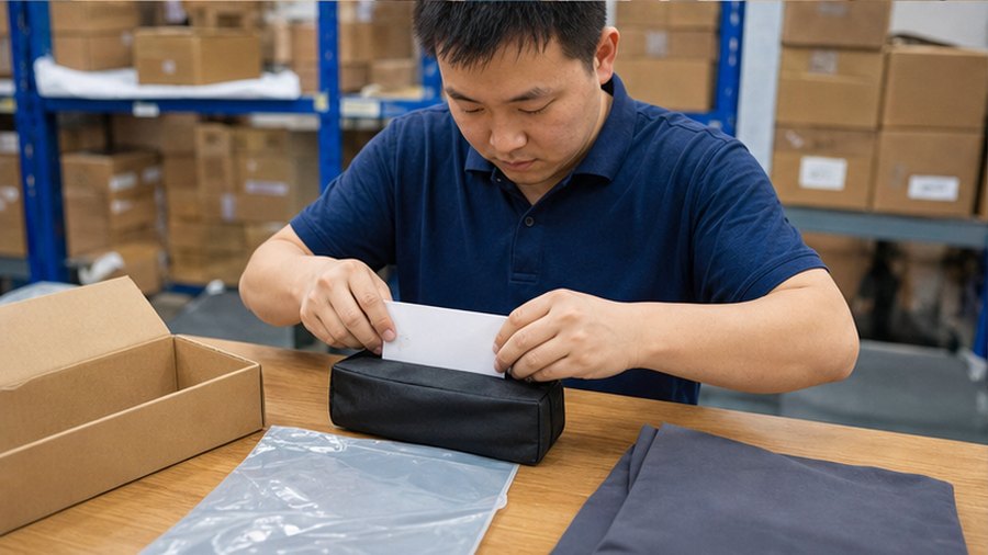 Chinese warehouse worker preparing bundles and inserts for marketplace orders