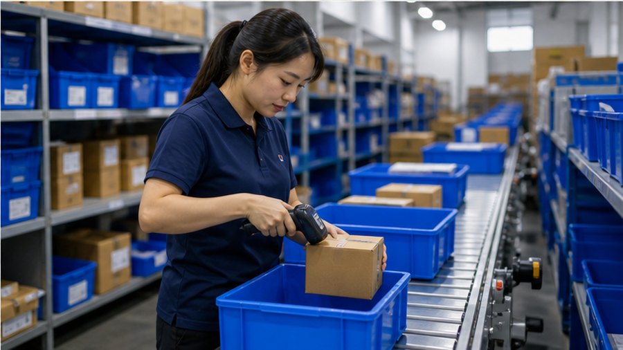 Chinese FulfillCN worker scanning DTC order parcels
