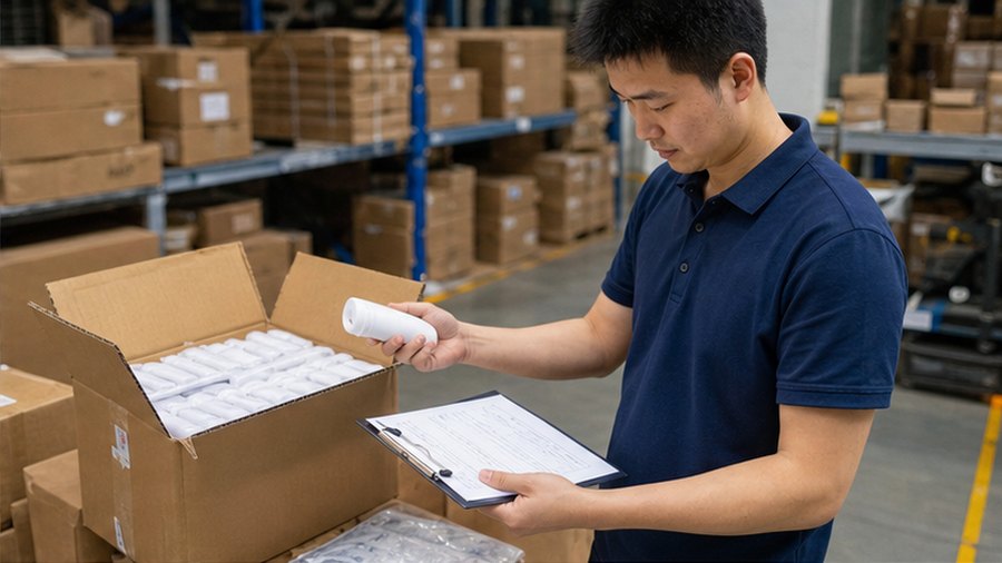 Chinese warehouse worker checking product quality and quantity