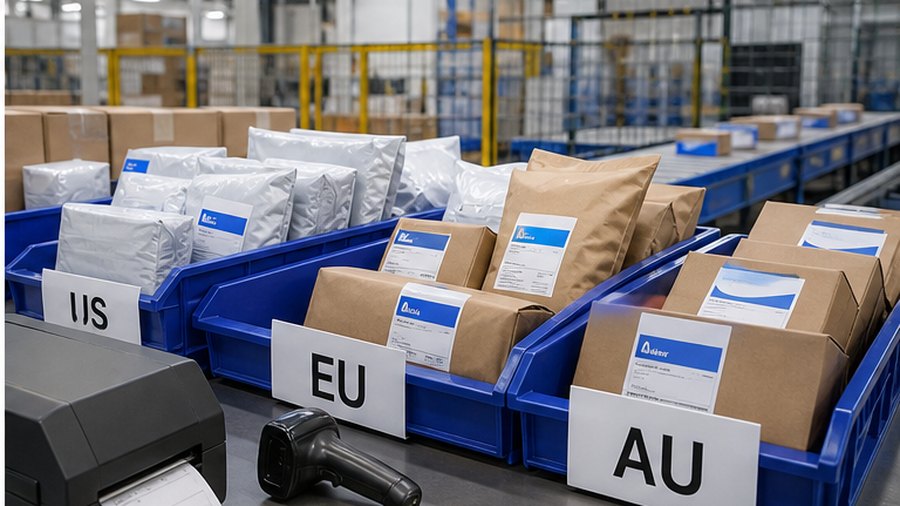 Outbound parcel bins sorted for customs and DDP dispatch