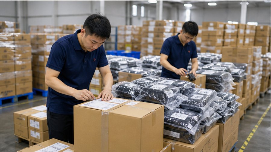 Chinese workers preparing marketplace and FBA shipments