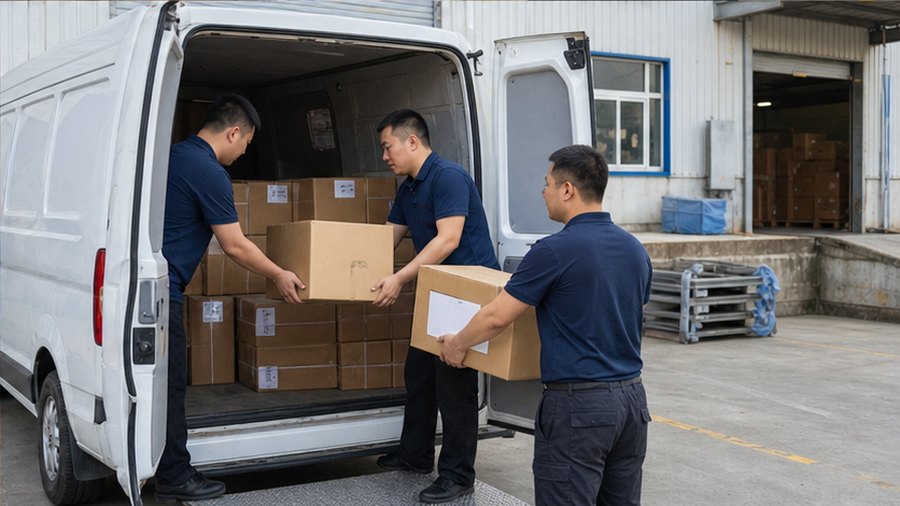 Chinese FulfillCN team loading parcels for global dispatch