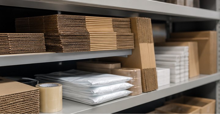 Packaging materials and paperwork prepared for ecommerce fulfillment