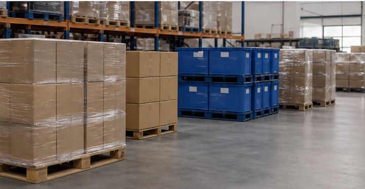 Parcels and pallets prepared for international shipment in a warehouse