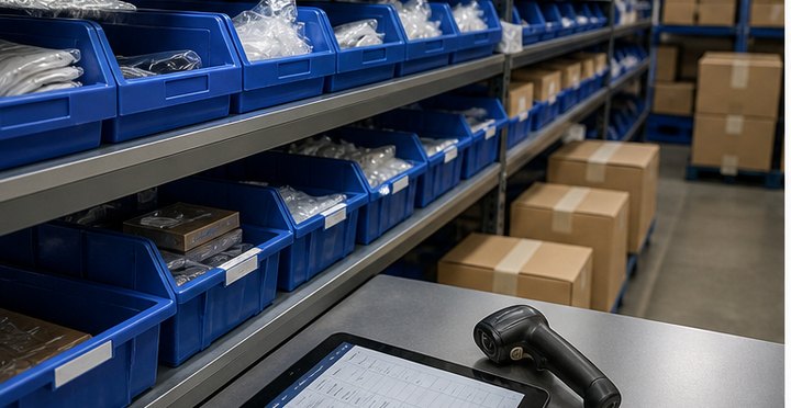 Sorted product bins and components prepared for FBA labeling and bundle work