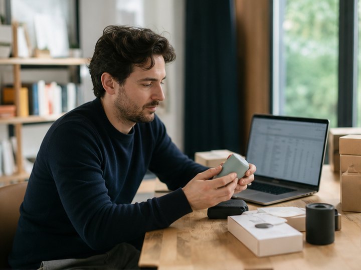 Overseas DTC brand owner reviewing product samples and fulfillment orders